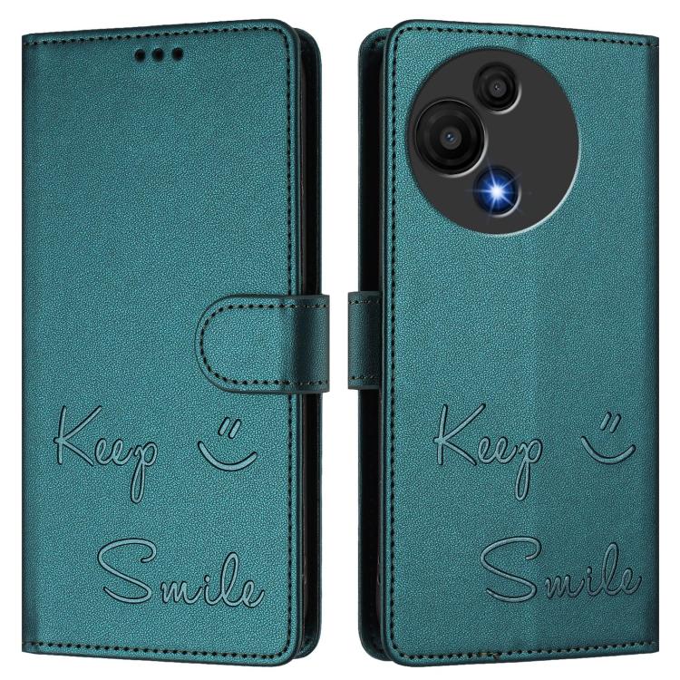 Funda de cuero RFID con relieve sonriente para TCL 605/60 SE (verde pavo real)