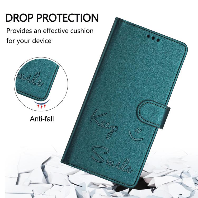 Funda de cuero RFID con relieve sonriente para TCL 605/60 SE (verde pavo real)