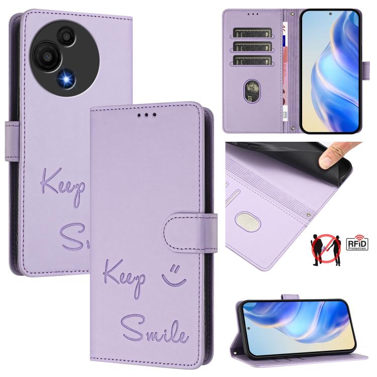 Funda de cuero RFID con relieve sonriente para TCL 605/60 SE (morado claro)