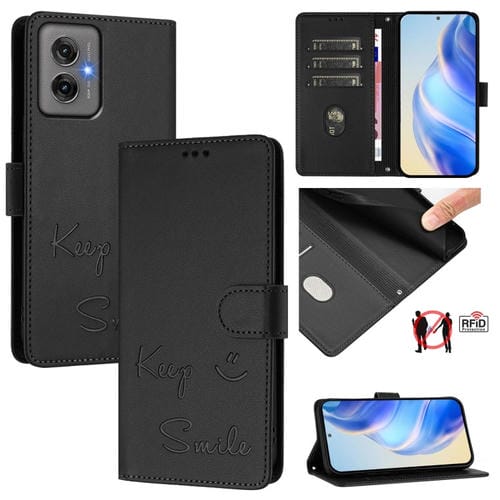 Funda de Cuero Rfid con Relieve Sonriente para Motorola Moto G55 (Negra)
