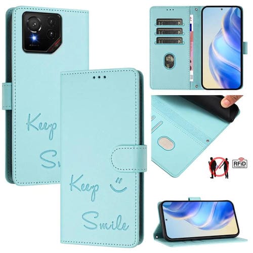 Funda de Cuero Rfid con Relieve Sonriente para Asus Rog Phone 9/9 Pro (Verde Menta)