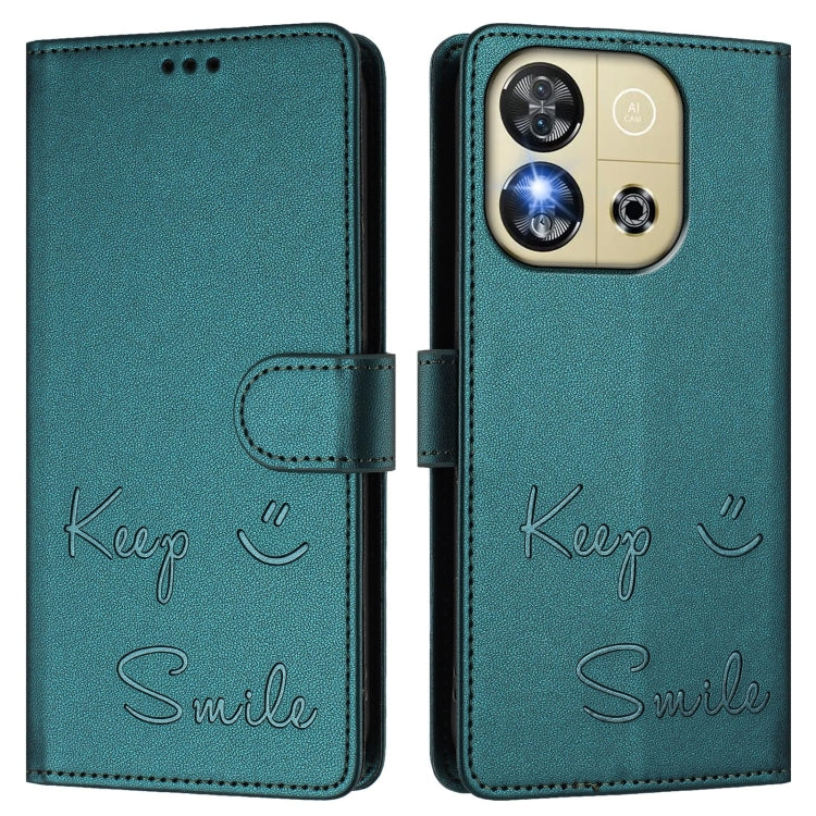 Funda de Cuero Rfid con Relieve Sonriente para Teléfono Oukitel C57S (Verde Pavo Real)