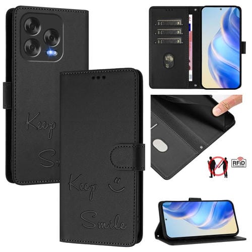 Funda de Cuero Rfid para ZTE Blade V70 con Diseño de Sonrisa En Relieve (Negra)