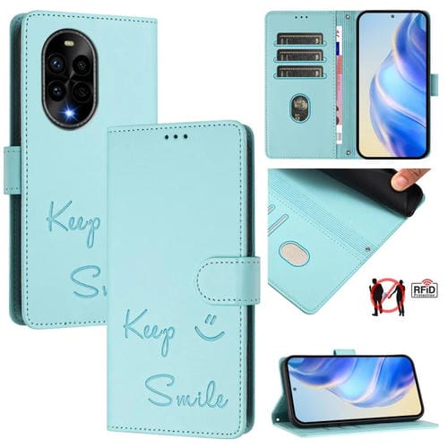 Funda de Cuero Rfid con Relieve Sonriente para Huawei Nova 13 Pro (Verde Menta)