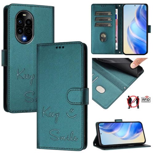 Funda de Cuero Rfid con Relieve Sonriente para Huawei Nova 13 Pro (Verde Pavo Real)