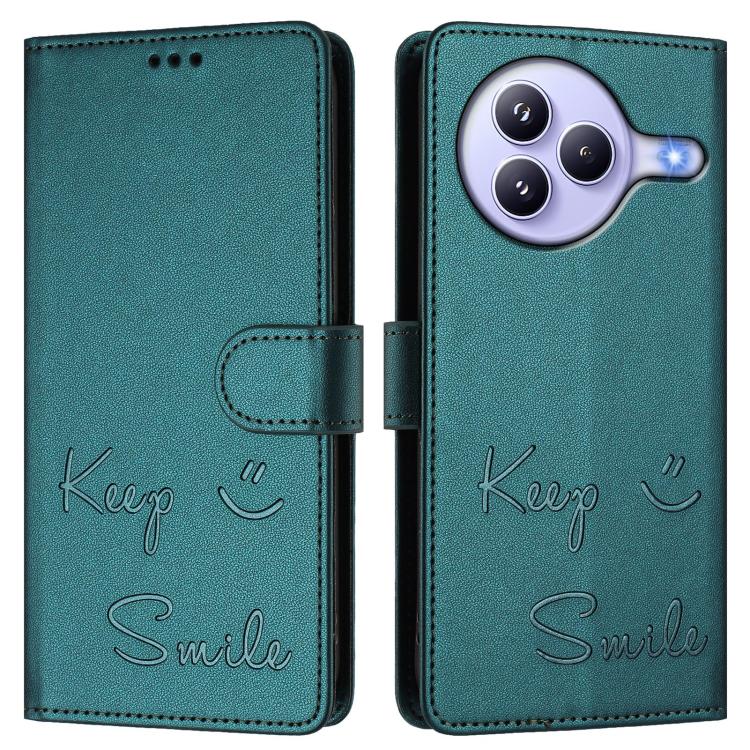 Funda de cuero RFID con relieve sonriente para Xiaomi Civi 5 Pro 5G (verde pavo real)