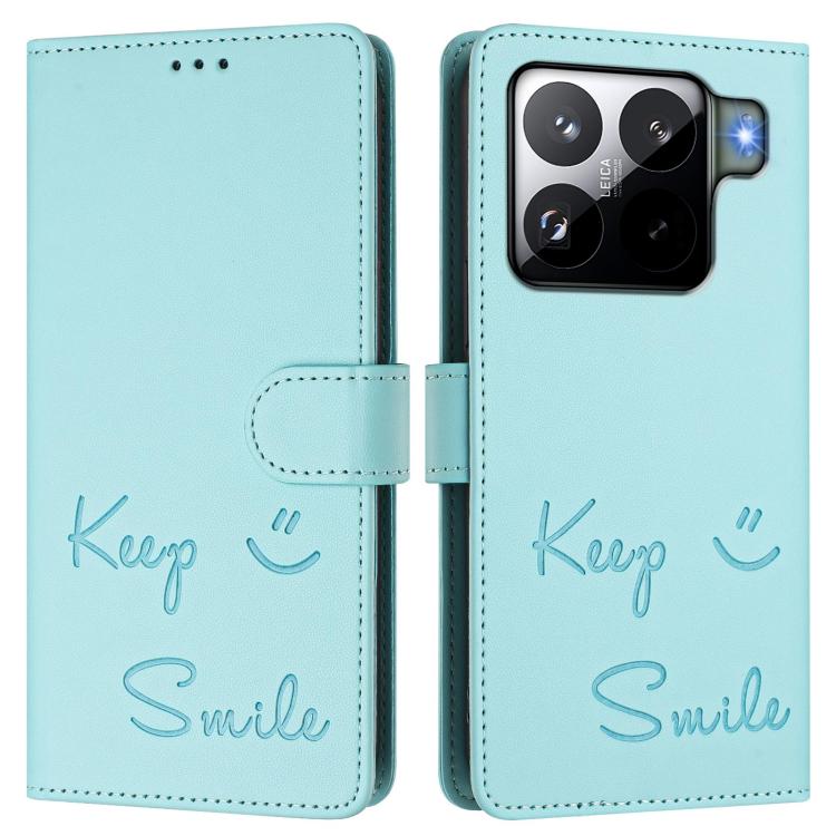 Funda de cuero RFID con relieve sonriente para Xiaomi 15S Pro 5G (verde menta)