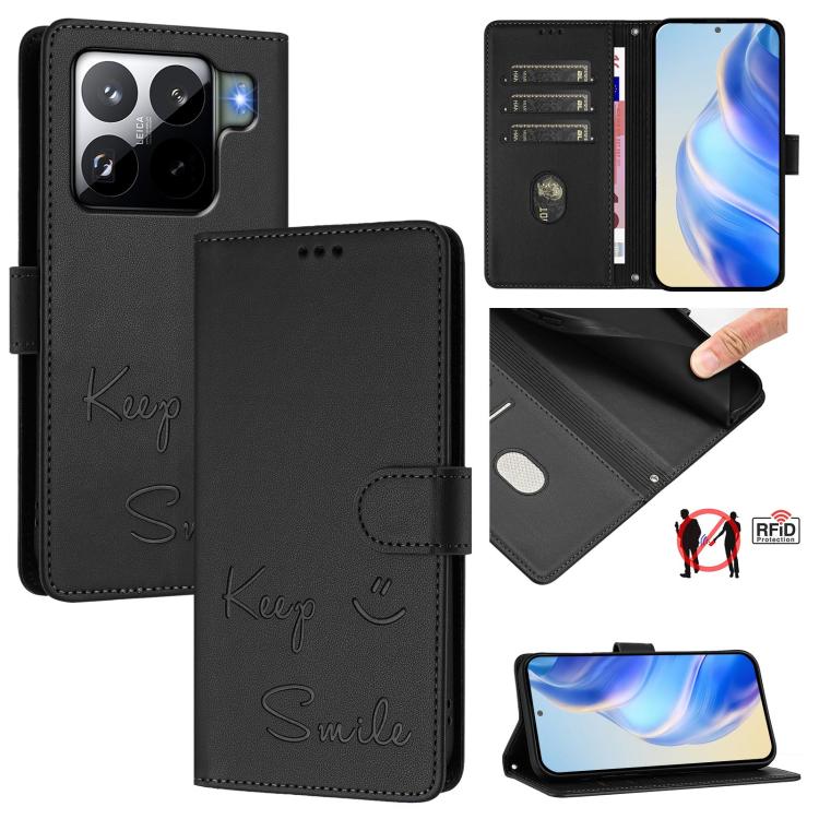 Funda de cuero RFID con relieve sonriente para Xiaomi 15S Pro 5G (negra)
