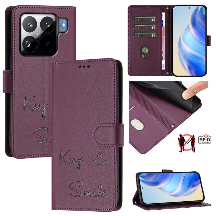 Funda de cuero RFID con relieve sonriente para Xiaomi 15S Pro 5G (violeta)