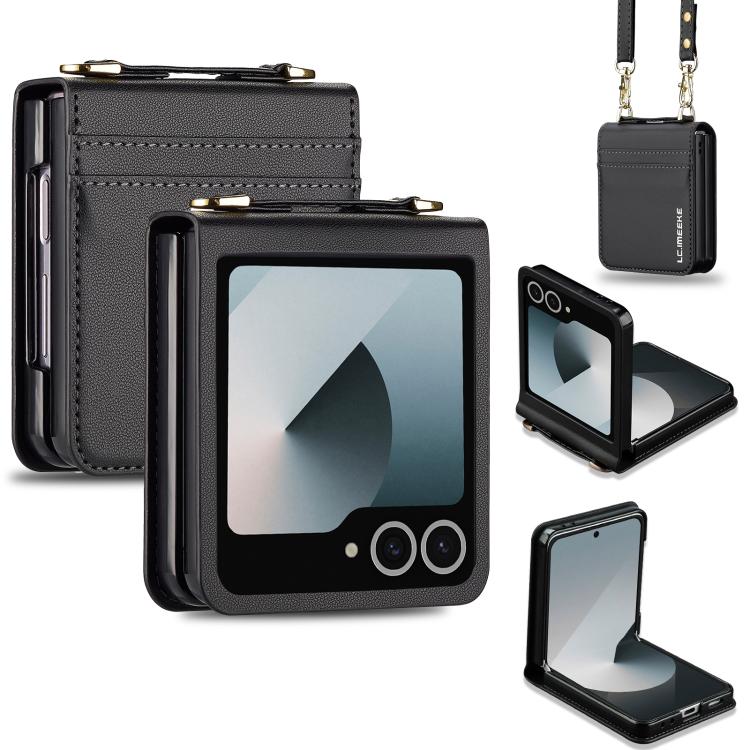 Funda de PU con textura fina esmerilada y cordón para Samsung Galaxy Z Flip7 5G LC.IMEEKE L1 Series (negra)
