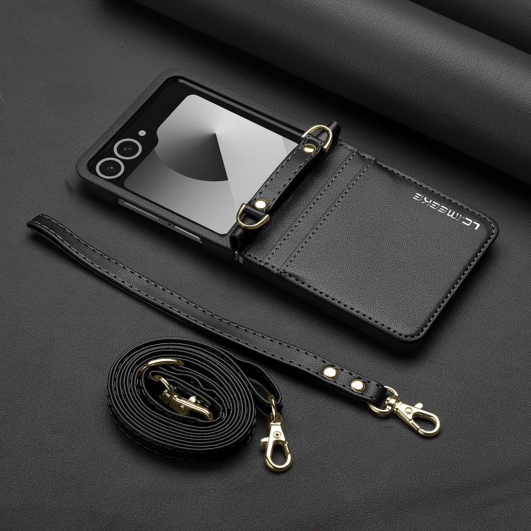 Funda de PU con textura fina esmerilada y cordón para Samsung Galaxy Z Flip7 5G LC.IMEEKE L1 Series (negra)