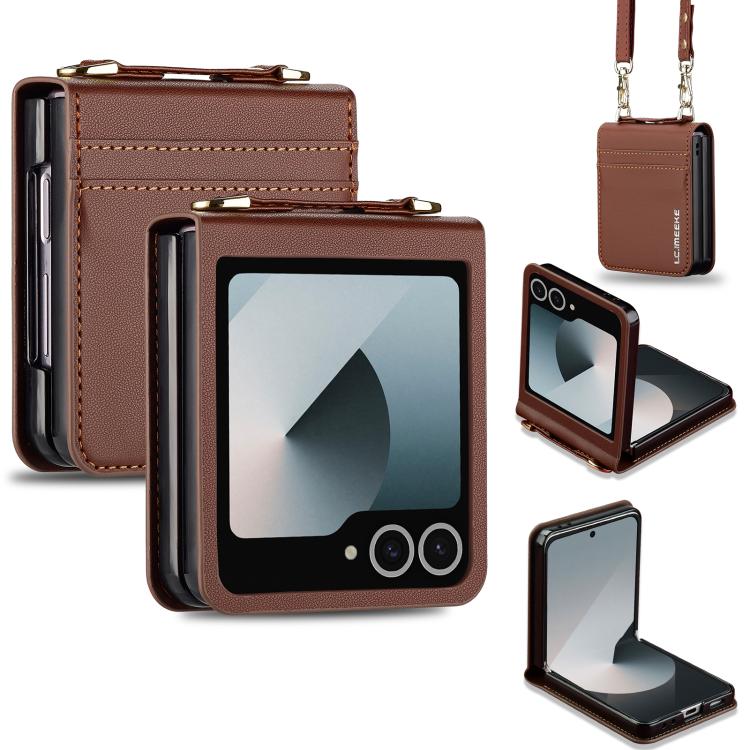 Funda de PU con textura fina esmerilada y cordón para Samsung Galaxy Z Flip7 5G LC.IMEEKE L1 Series (marrón)