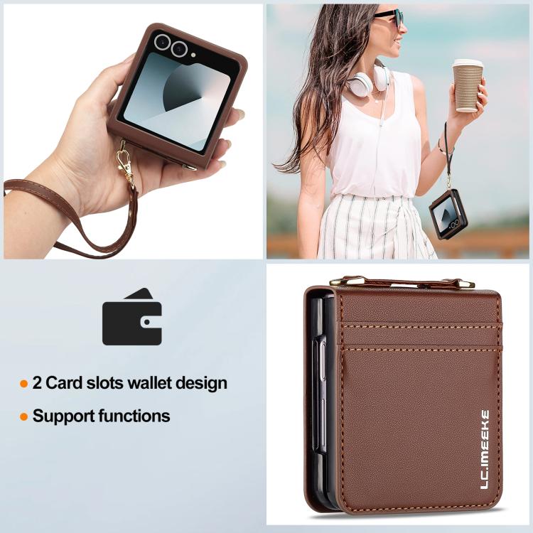 Funda de PU con textura fina esmerilada y cordón para Samsung Galaxy Z Flip7 5G LC.IMEEKE L1 Series (marrón)