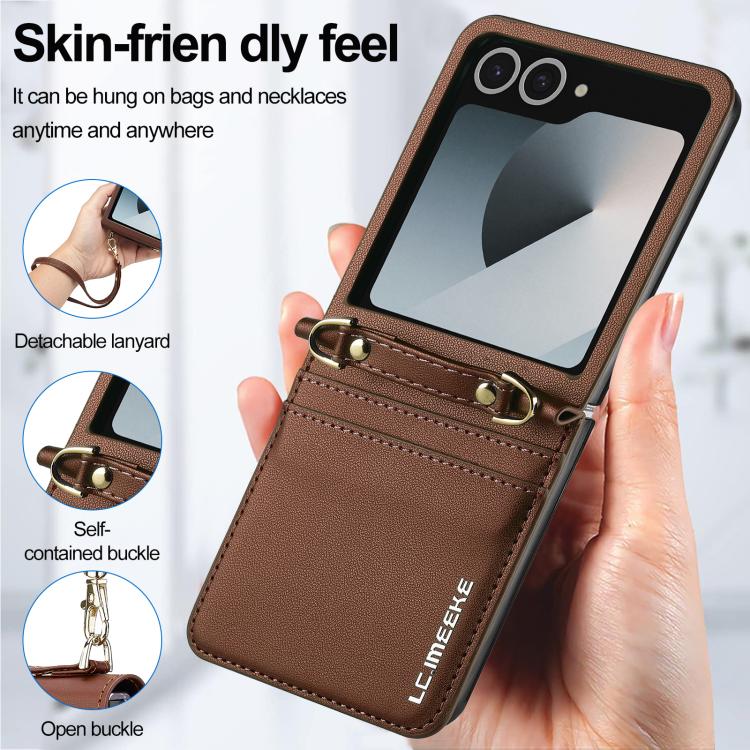 Funda de PU con textura fina esmerilada y cordón para Samsung Galaxy Z Flip7 5G LC.IMEEKE L1 Series (marrón)