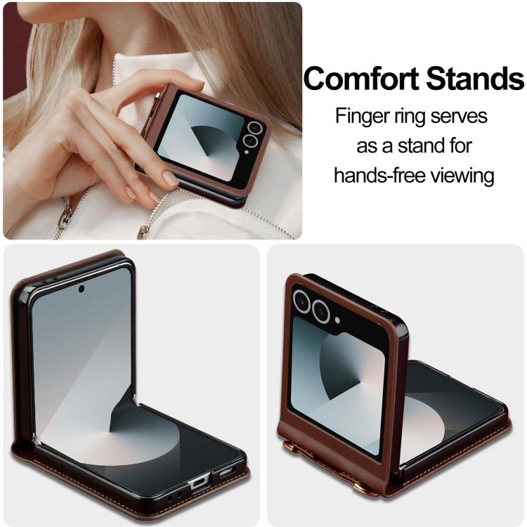 Funda de PU con textura fina esmerilada y cordón para Samsung Galaxy Z Flip7 5G LC.IMEEKE L1 Series (marrón)