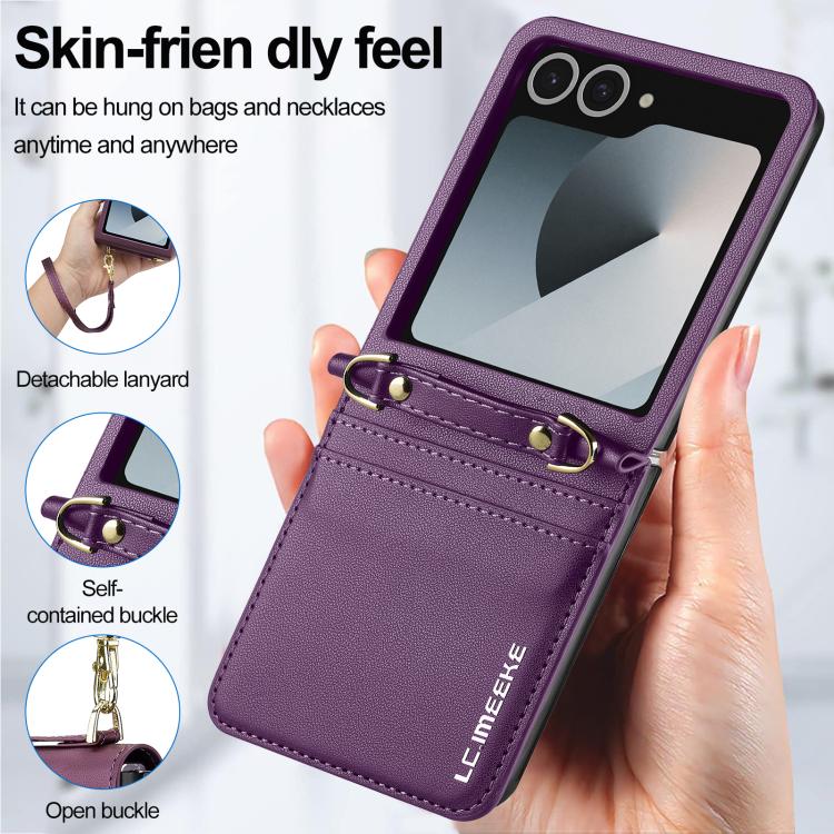 Funda de PU con textura fina esmerilada y cordón para Samsung Galaxy Z Flip7 5G LC.IMEEKE L1 Series (morado)
