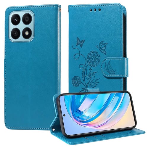 Funda de Cuero para Honor X8A 4G con Diseño de Mariposas y Flores en Relieve (Azul)