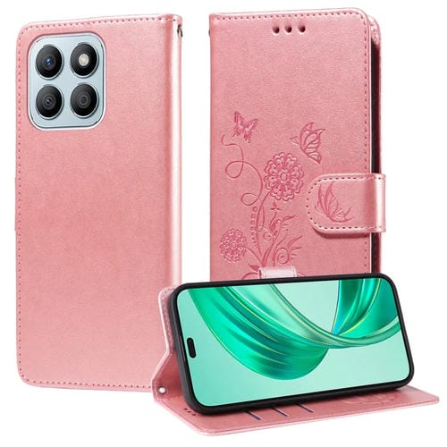 Funda de Cuero Honor X8B con Diseño de Mariposas y Flores en Relieve (Oro Rosa)