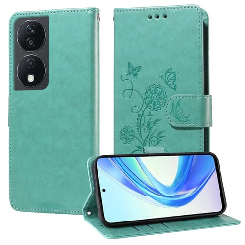 Funda de Cuero para Honor X7B 5G/4G/90 Smart 5G con Diseño de Mariposas y Flores en Relieve (Verde)