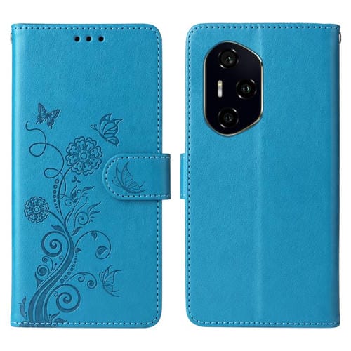 Funda de Cuero Honor 300 Pro con Diseño de Mariposas y Flores en Relieve (Azul)