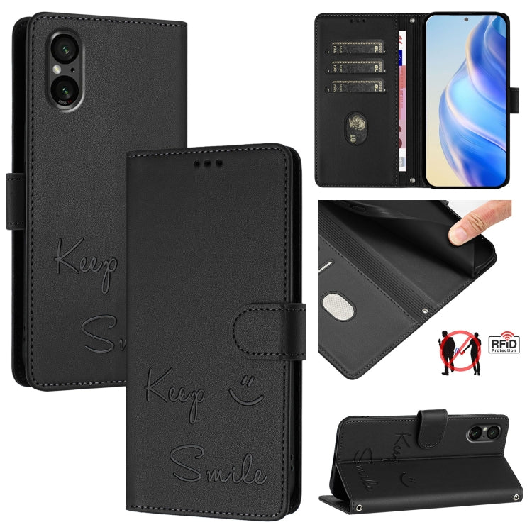 Funda de Cuero Rfid con Relieve Sonriente para Sony Xperia 1 V 5G (Negra)
