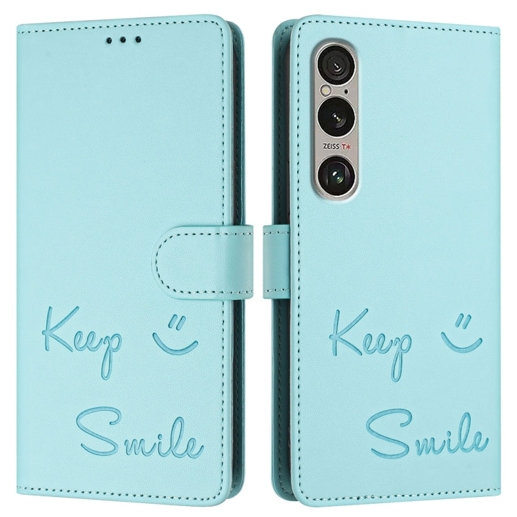Funda de Cuero Rfid con Relieve Sonriente para Sony Xperia 1 Vi (Verde Menta)