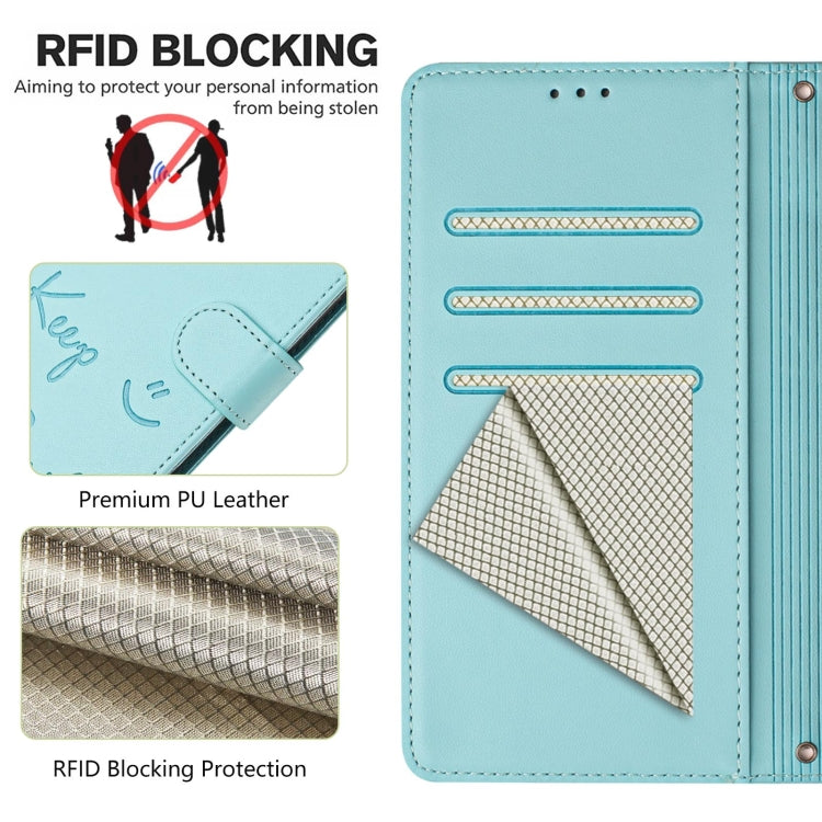 Funda de Cuero Rfid con Relieve Sonriente para Sony Xperia 1 Vi (Verde Menta)