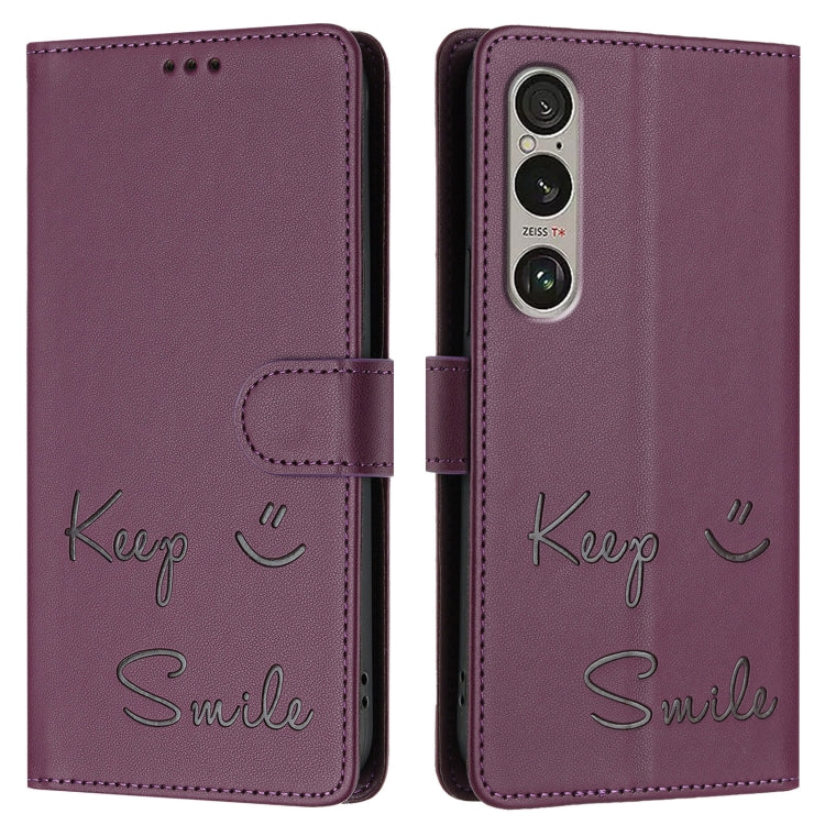 Funda de Cuero Rfid para Sony Xperia 1 Vi con Relieve Sonriente (Violeta)