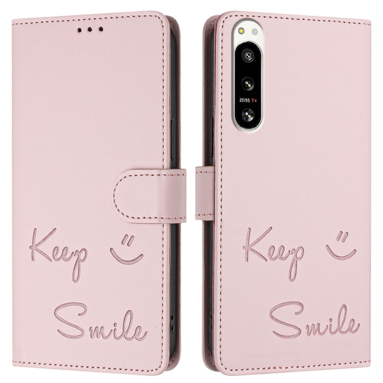 Funda Cuero Rfid con Relieve Sonriente para Sony Xperia 5 Iv (Rosa)