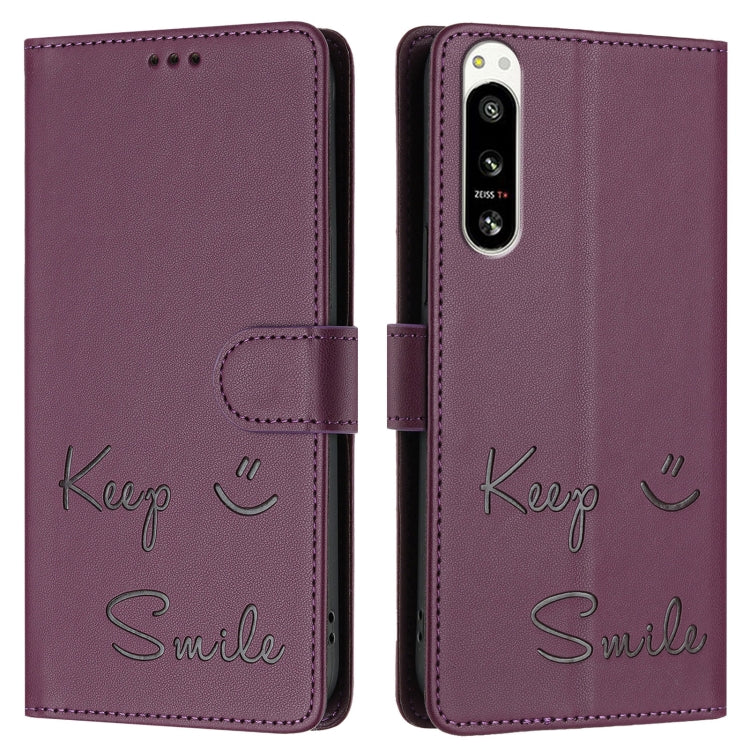 Funda de Cuero Rfid para Sony Xperia 5 Iv con Relieve Sonriente (Violeta)