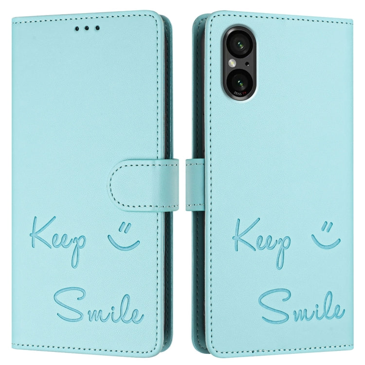 Funda de Cuero Rfid con Relieve Sonriente para Sony Xperia 5 V (Verde Menta)