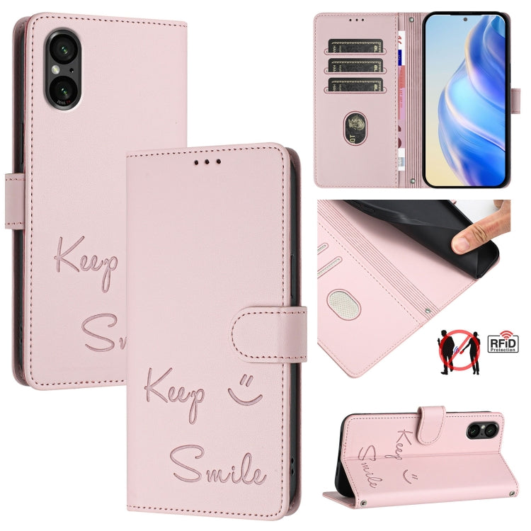 Funda de Cuero Rfid con Relieve Sonriente para Sony Xperia 5 V (Rosa)