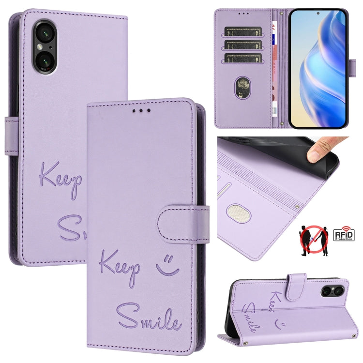 Funda de Cuero Rfid con Relieve Sonriente para Sony Xperia 5 V (Morado Claro)