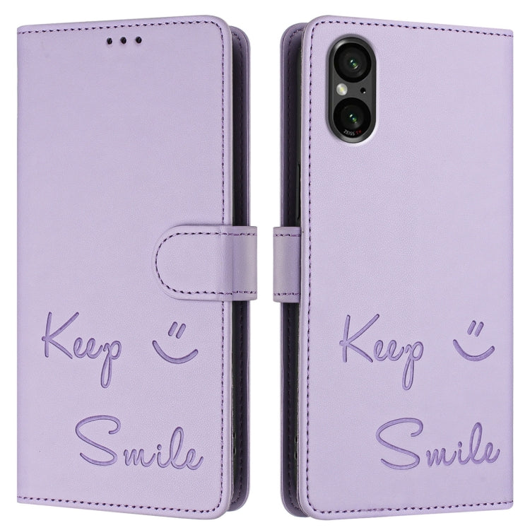 Funda de Cuero Rfid con Relieve Sonriente para Sony Xperia 5 V (Morado Claro)