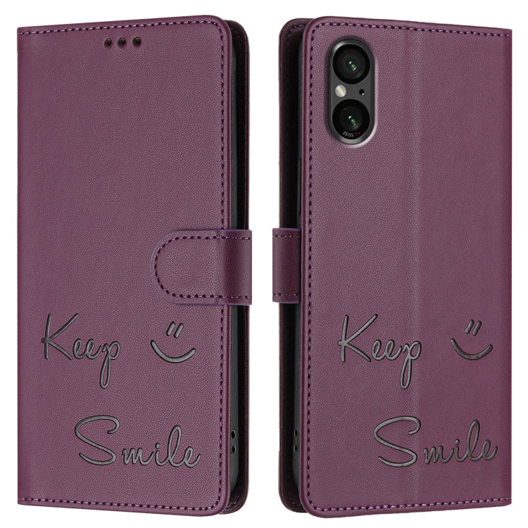 Funda de Cuero Rfid con Relieve Sonriente para Sony Xperia 5 Vi (Violeta)