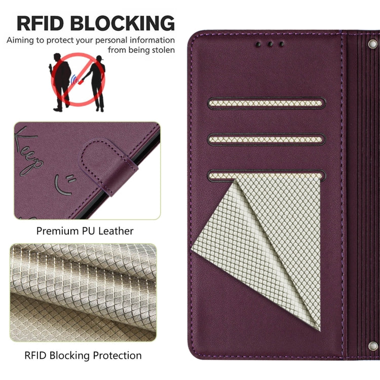 Funda de Cuero Rfid con Relieve Sonriente para Sony Xperia 5 Vi (Violeta)