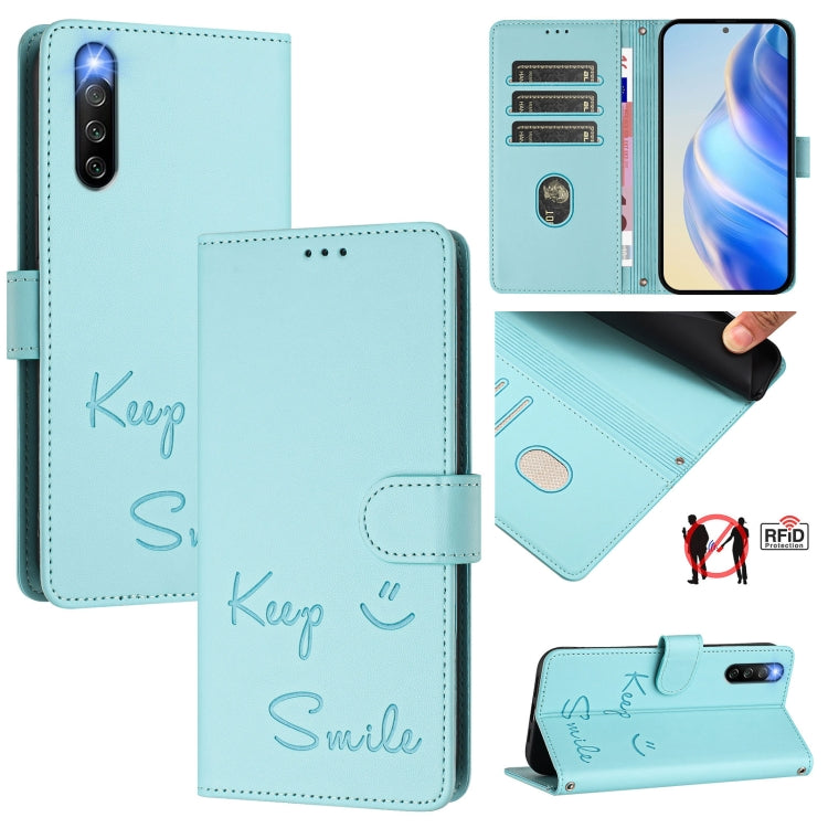 Funda de Cuero Rfid con Relieve Sonriente para Sony Xperia 10 Iv (Verde Menta)