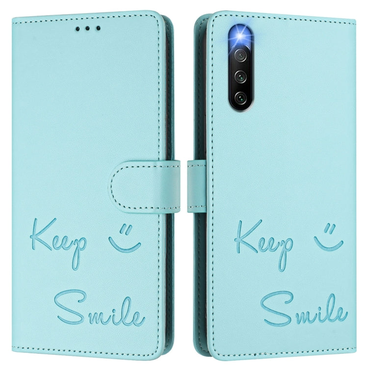 Funda de Cuero Rfid con Relieve Sonriente para Sony Xperia 10 Iv (Verde Menta)