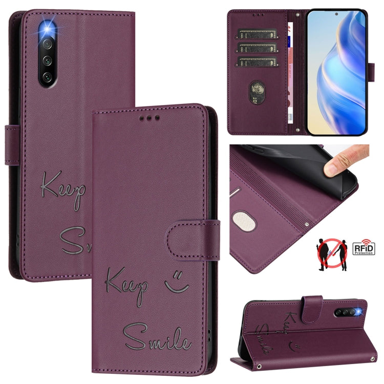 Funda de Cuero Rfid con Relieve Sonriente para Sony Xperia 10 Iv (Violeta)