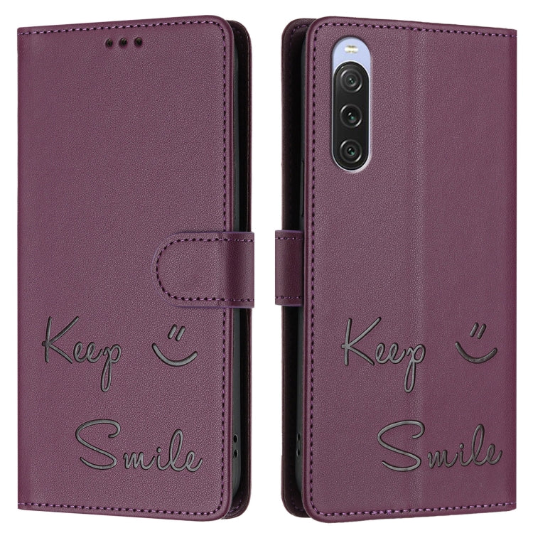 Funda de Cuero Rfid para Sony Xperia 10 V 4G con Relieve Sonriente (Violeta)