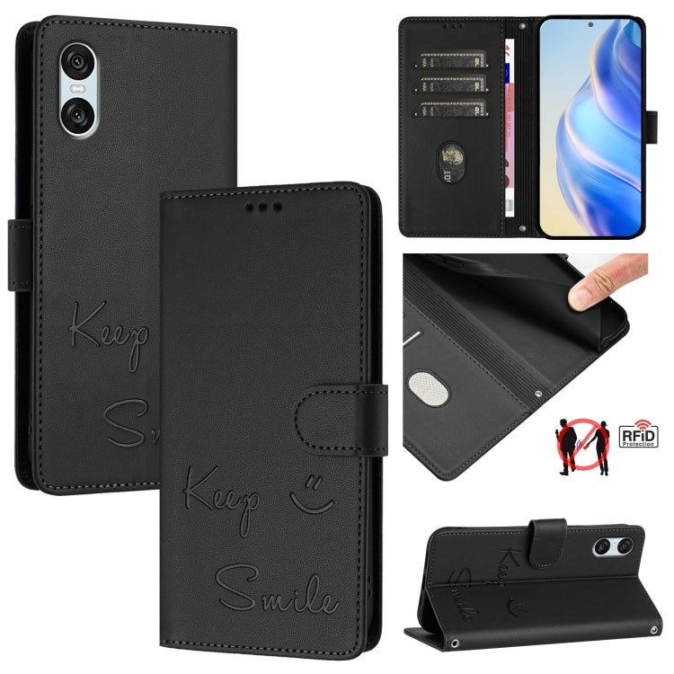 Funda de Cuero Rfid con Relieve Sonriente para Sony Xperia 10 Vi (Negra)