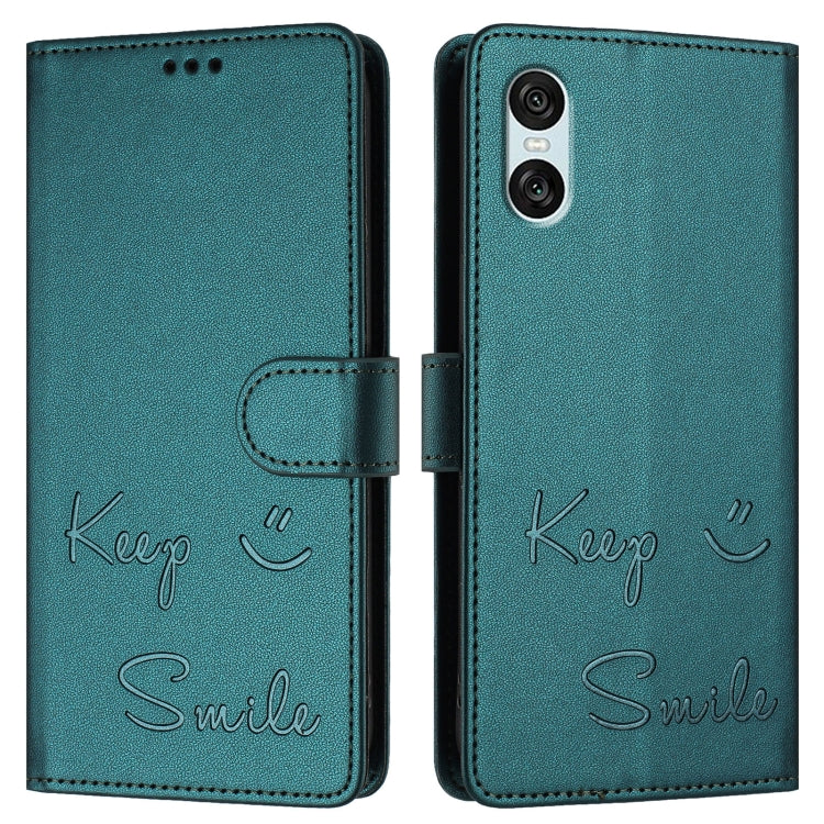 Funda de Cuero Rfid con Relieve Sonriente para Sony Xperia 10 Vi (Verde Pavo Real)