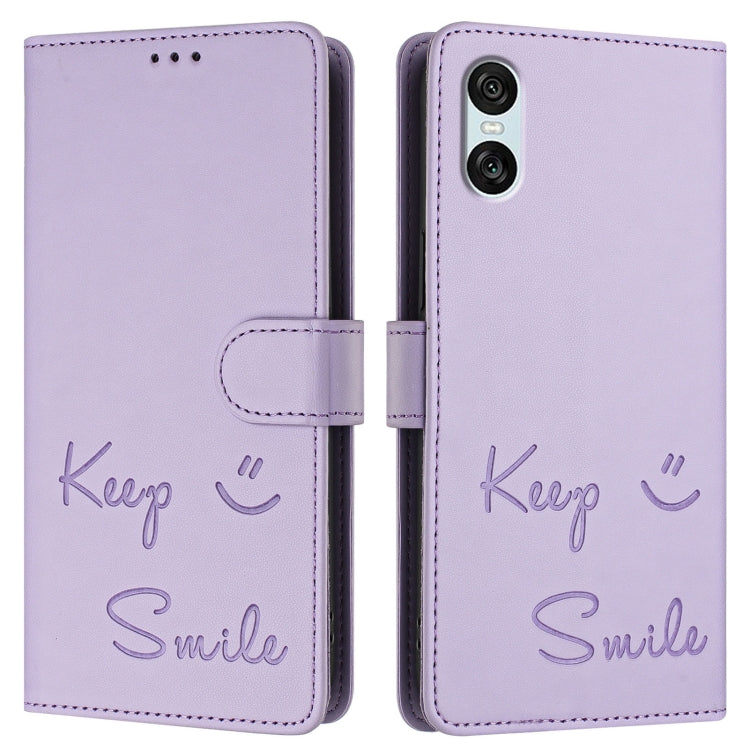 Funda Cuero Rfid con Relieve Sonriente para Sony Xperia 10 Vi (Morado Claro)