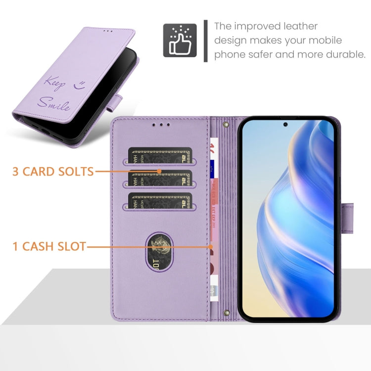 Funda Cuero Rfid con Relieve Sonriente para Sony Xperia 10 Vi (Morado Claro)
