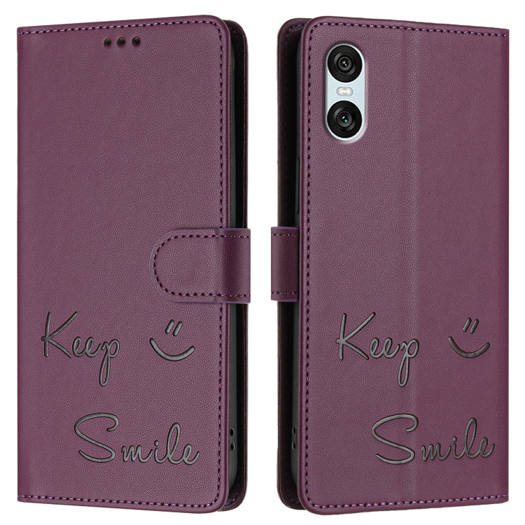 Funda de Cuero Rfid para Sony Xperia 10 Vi con Relieve Sonriente (Violeta)
