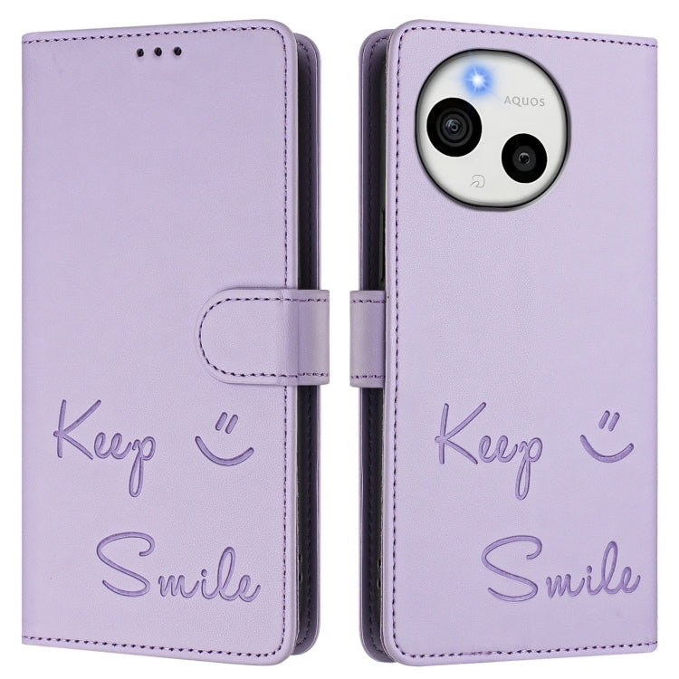 Funda de Cuero Rfid con Relieve Sonriente para Sharp Aquos Sense9 (Morado Claro)