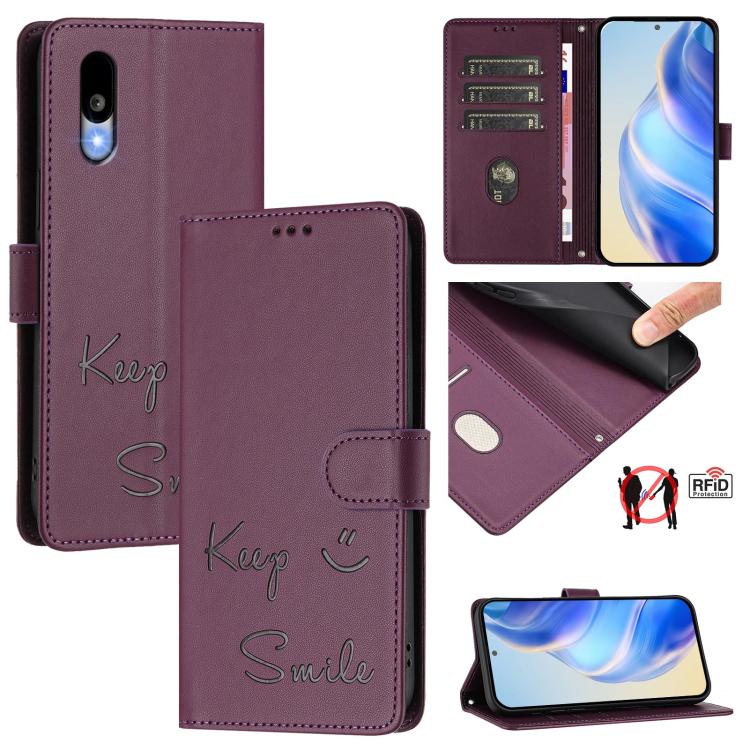 Funda de Cuero Rfid con Relieve Sonriente para Sharp Basio Active3 (Violeta)