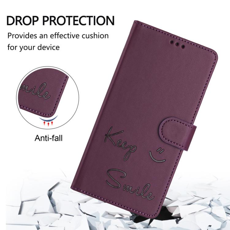 Funda de Cuero Rfid con Relieve Sonriente para Sharp Basio Active3 (Violeta)