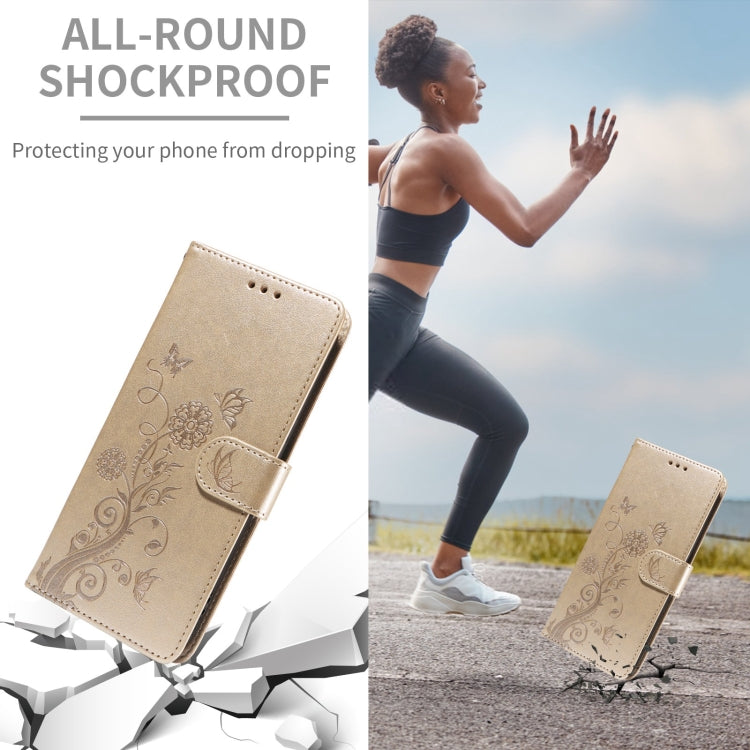 Funda de Cuero Sony Xperia 1 Vi con Diseño de Mariposas y Flores en Relieve (Dorada)
