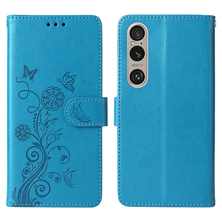 Funda de Cuero Sony Xperia 1 Vi Diseño Mariposas y Flores En Relieve (Azul)